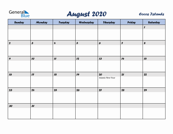 August 2020 Calendar with Holidays in Cocos Islands