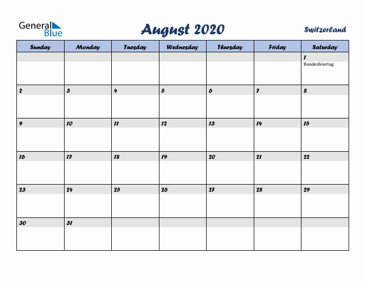 August 2020 Calendar with Holidays in Switzerland