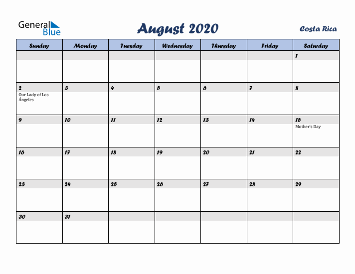 August 2020 Calendar with Holidays in Costa Rica