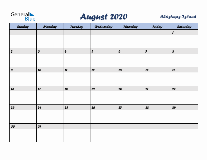 August 2020 Calendar with Holidays in Christmas Island