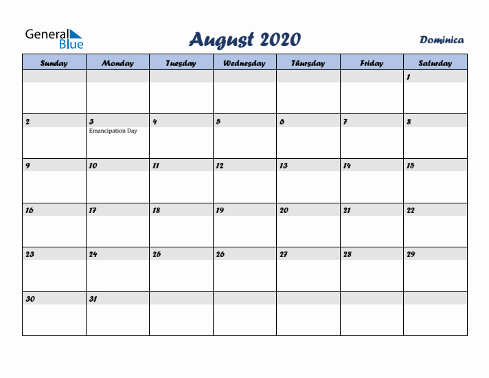 August 2020 Calendar with Holidays in Dominica