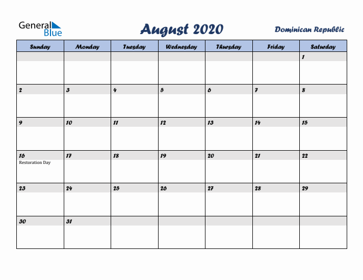August 2020 Calendar with Holidays in Dominican Republic