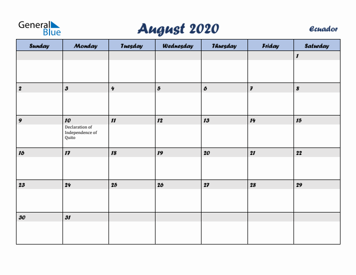 August 2020 Calendar with Holidays in Ecuador