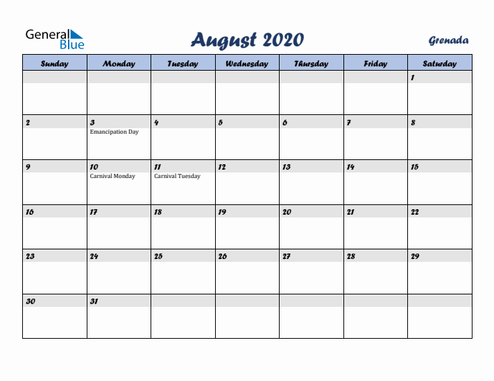 August 2020 Calendar with Holidays in Grenada