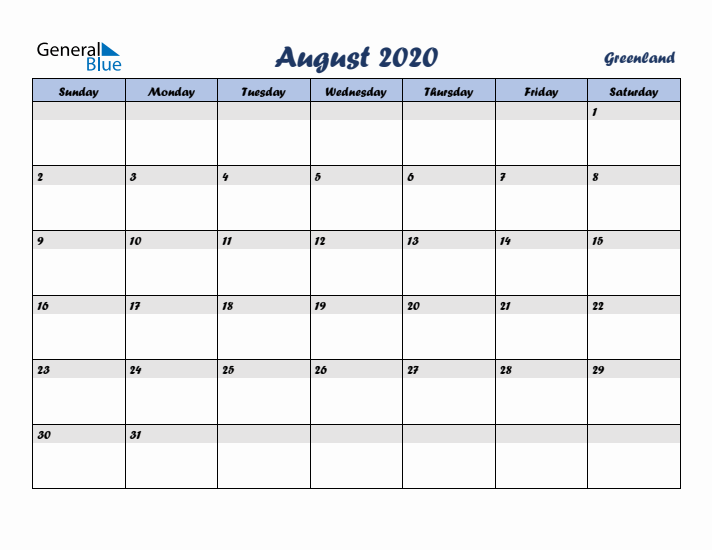 August 2020 Calendar with Holidays in Greenland