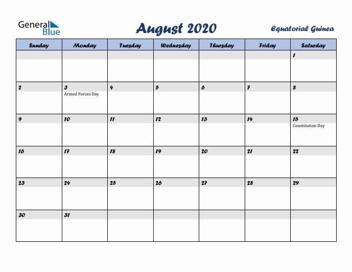 August 2020 Calendar with Holidays in Equatorial Guinea