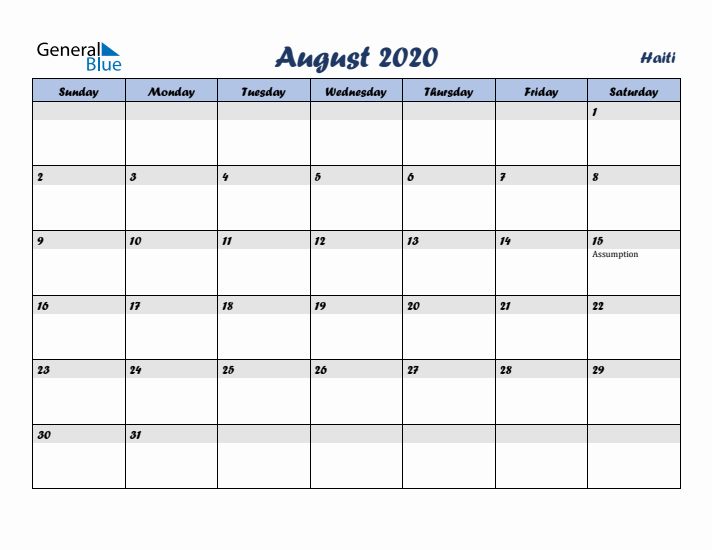 August 2020 Calendar with Holidays in Haiti