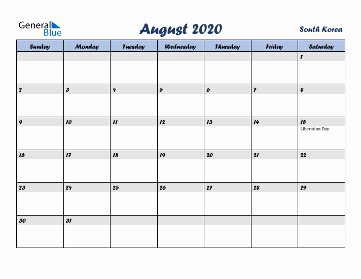 August 2020 Calendar with Holidays in South Korea