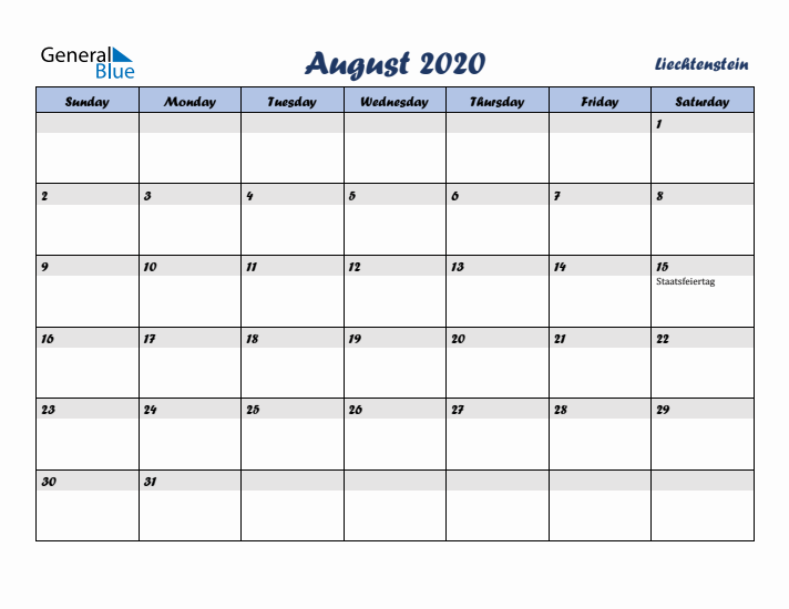 August 2020 Calendar with Holidays in Liechtenstein