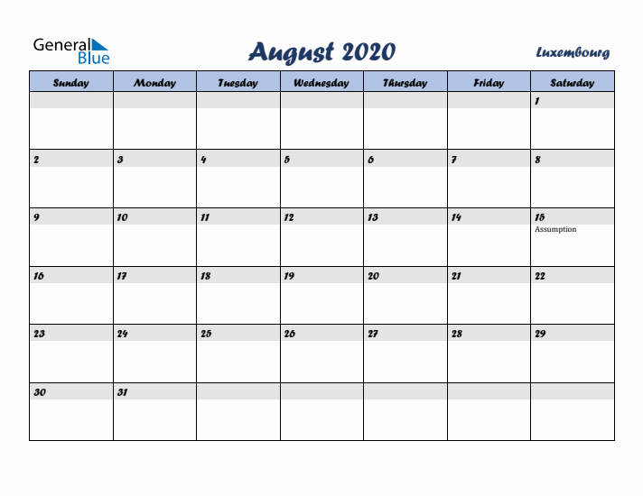 August 2020 Calendar with Holidays in Luxembourg
