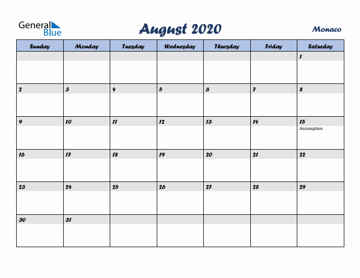 August 2020 Calendar with Holidays in Monaco