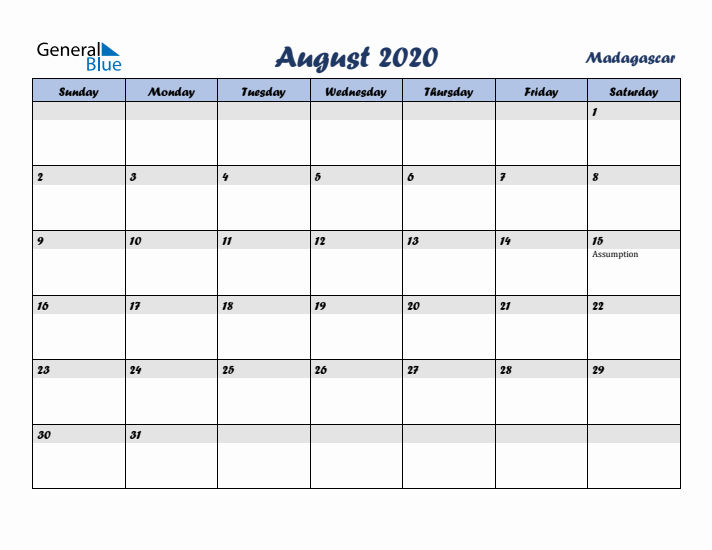 August 2020 Calendar with Holidays in Madagascar