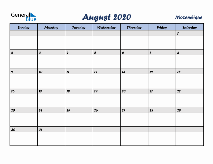 August 2020 Calendar with Holidays in Mozambique