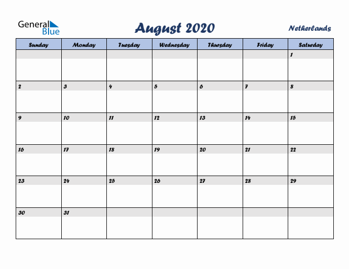 August 2020 Calendar with Holidays in The Netherlands