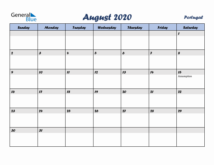 August 2020 Calendar with Holidays in Portugal