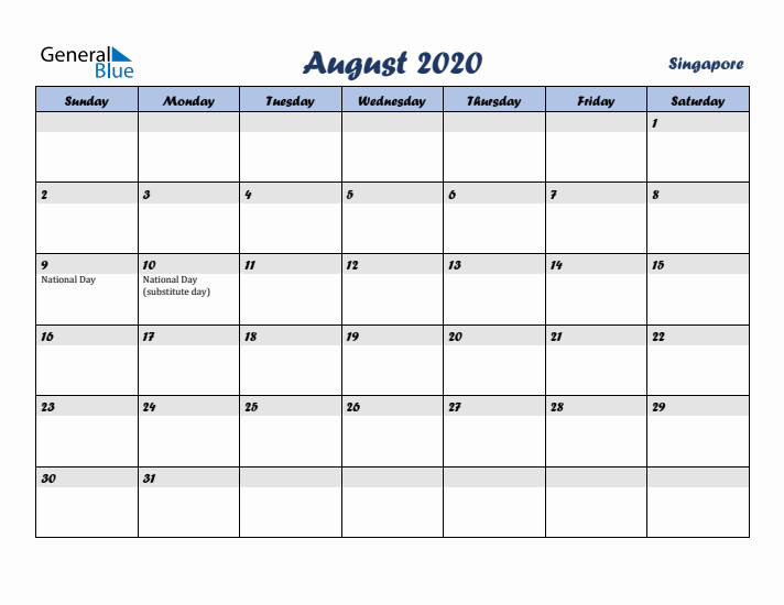 August 2020 Calendar with Holidays in Singapore