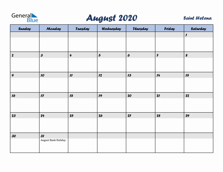 August 2020 Calendar with Holidays in Saint Helena