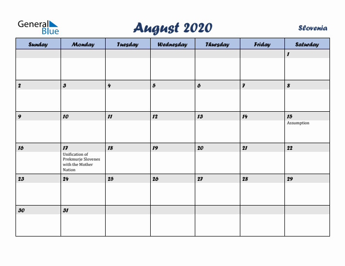 August 2020 Calendar with Holidays in Slovenia