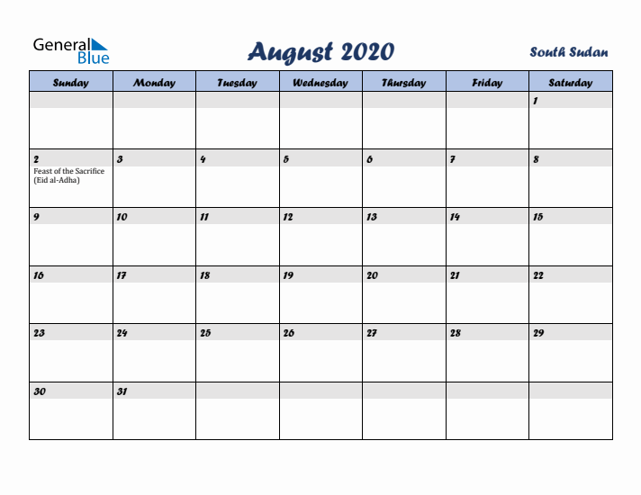 August 2020 Calendar with Holidays in South Sudan