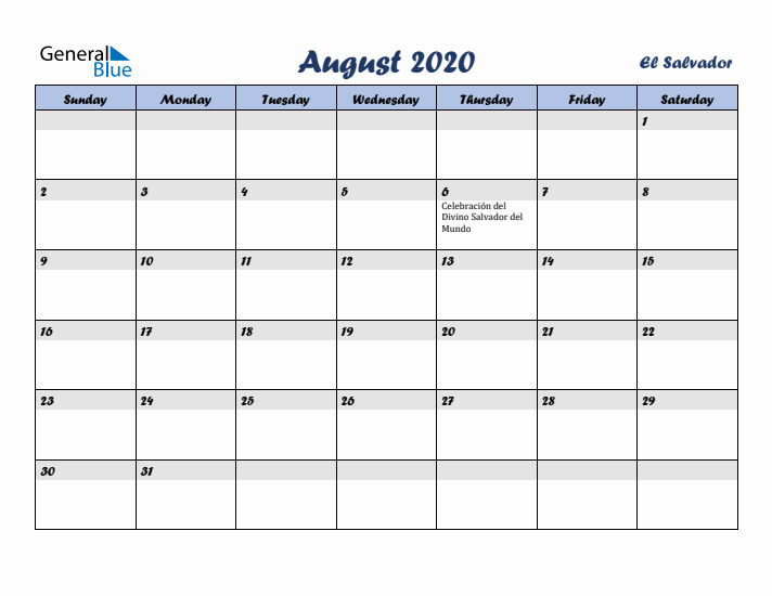 August 2020 Calendar with Holidays in El Salvador