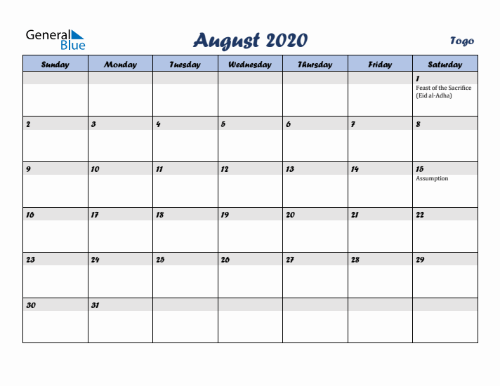 August 2020 Calendar with Holidays in Togo
