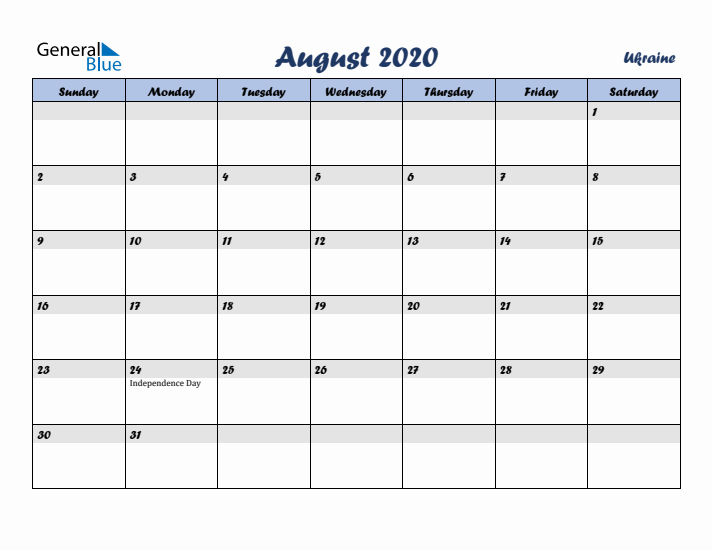 August 2020 Calendar with Holidays in Ukraine