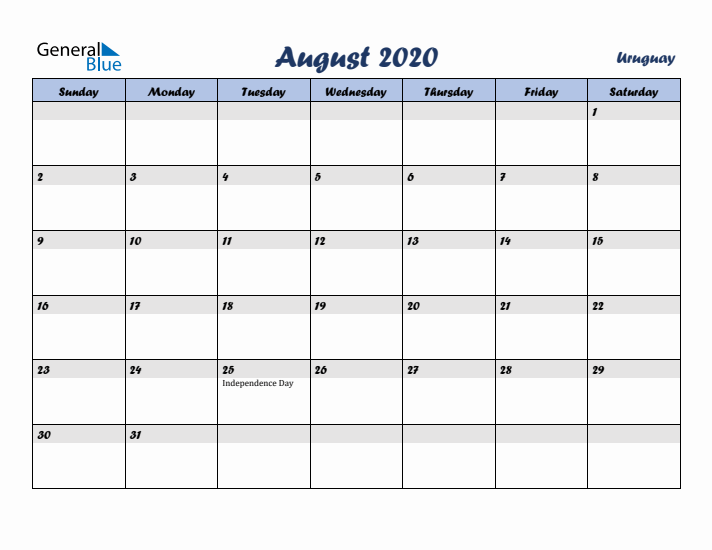 August 2020 Calendar with Holidays in Uruguay