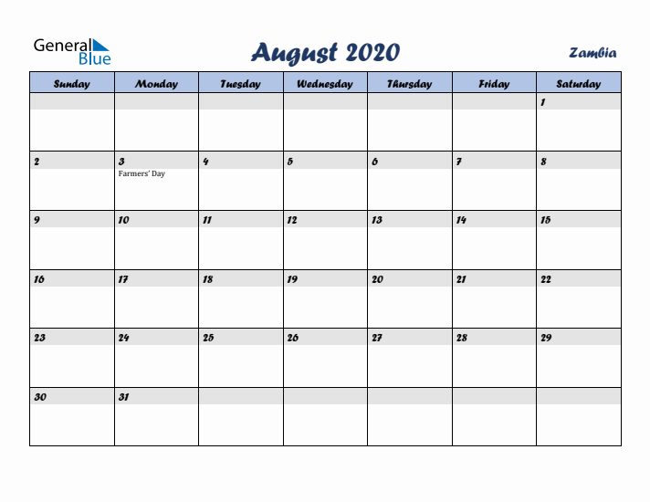 August 2020 Calendar with Holidays in Zambia