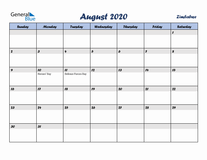 August 2020 Calendar with Holidays in Zimbabwe