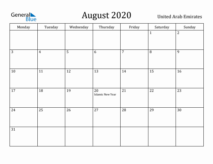 August 2020 Calendar United Arab Emirates
