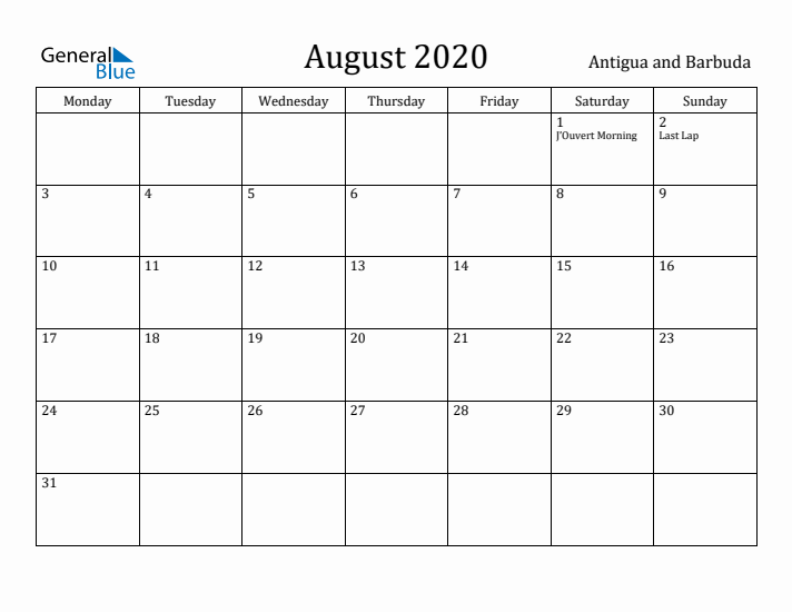 August 2020 Calendar Antigua and Barbuda