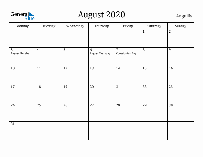 August 2020 Calendar Anguilla