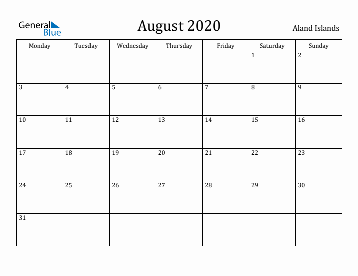 August 2020 Calendar Aland Islands