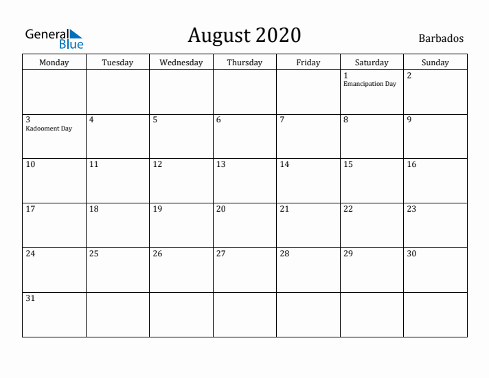 August 2020 Calendar Barbados