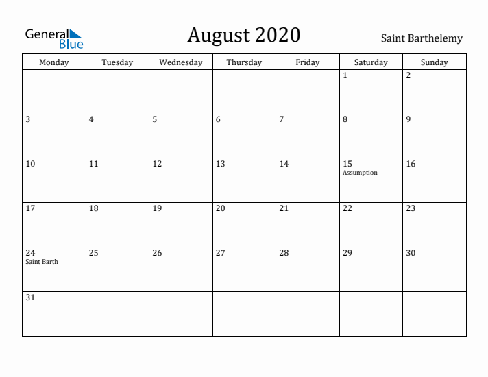 August 2020 Calendar Saint Barthelemy