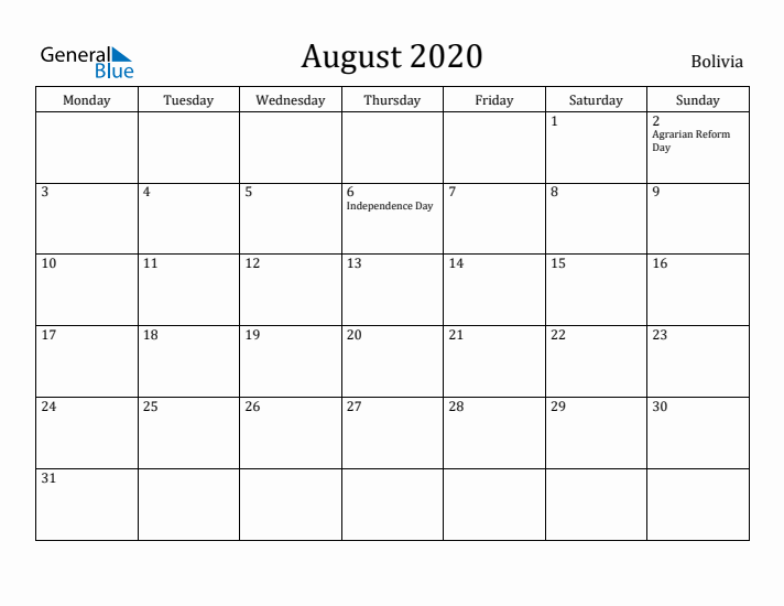 August 2020 Calendar Bolivia