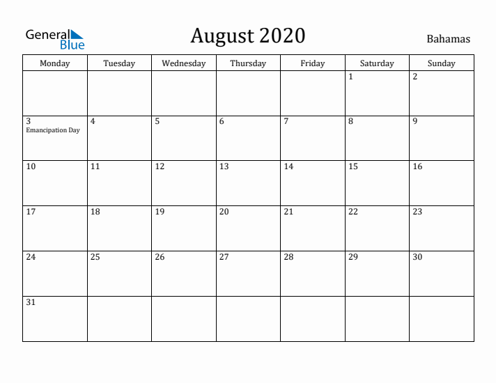 August 2020 Calendar Bahamas