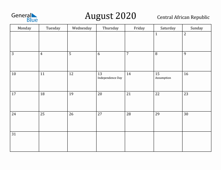 August 2020 Calendar Central African Republic