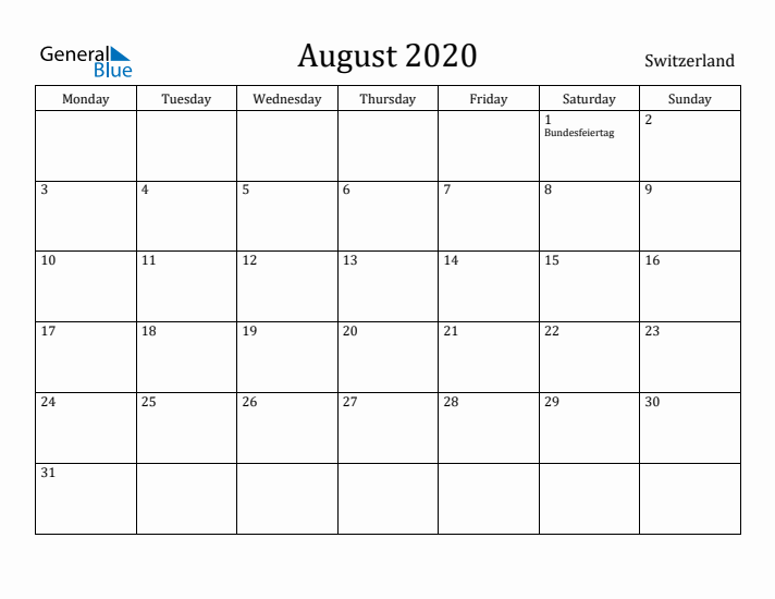 August 2020 Calendar Switzerland