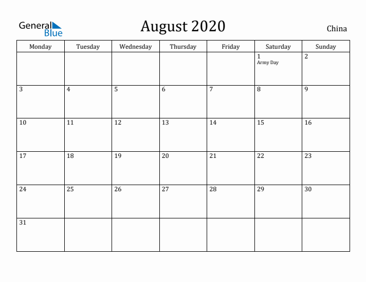 August 2020 Calendar China