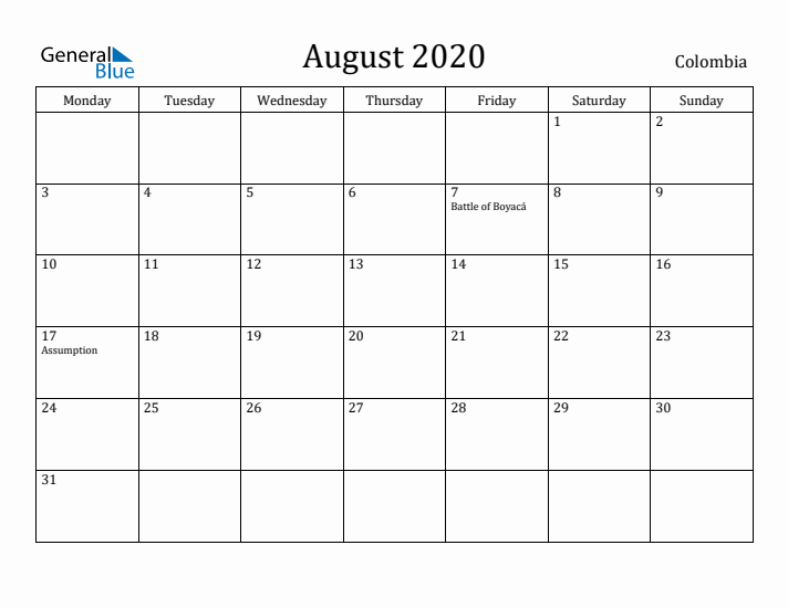 August 2020 Calendar Colombia