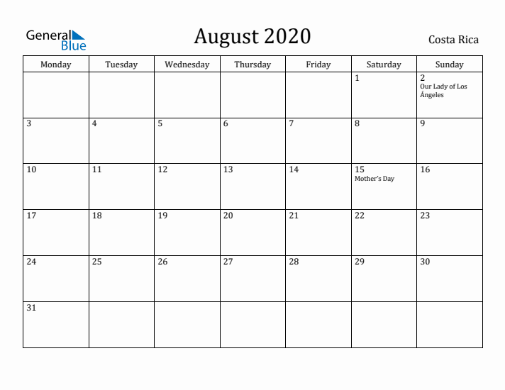 August 2020 Calendar Costa Rica