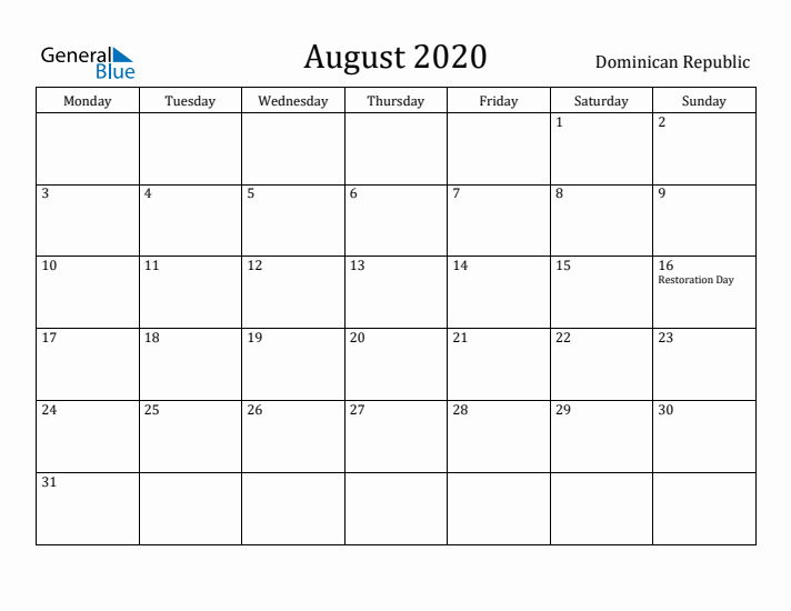 August 2020 Calendar Dominican Republic