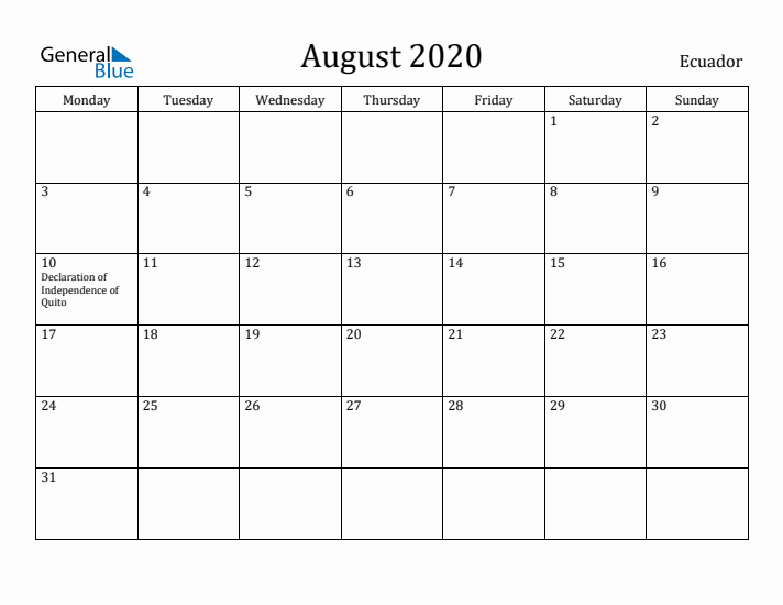 August 2020 Calendar Ecuador