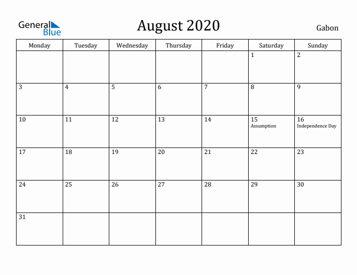 August 2020 Calendar Gabon