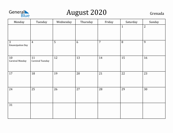 August 2020 Calendar Grenada