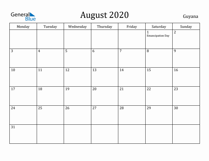 August 2020 Calendar Guyana