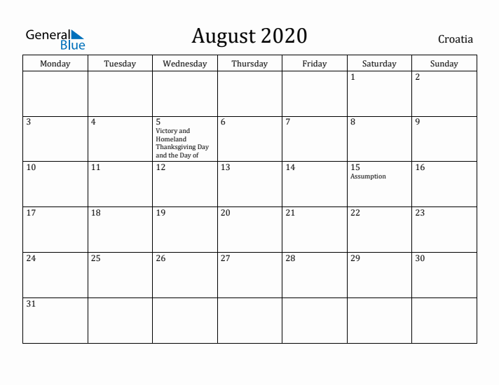 August 2020 Calendar Croatia