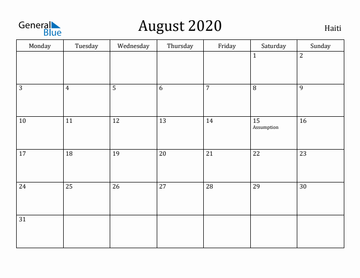August 2020 Calendar Haiti