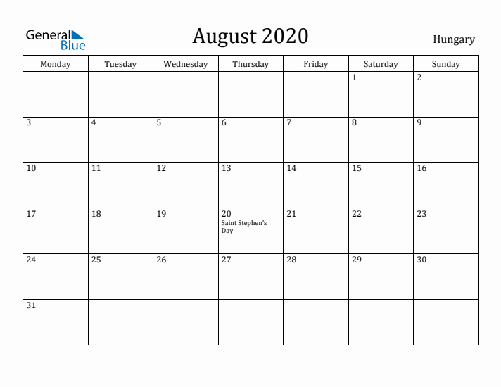 August 2020 Calendar Hungary